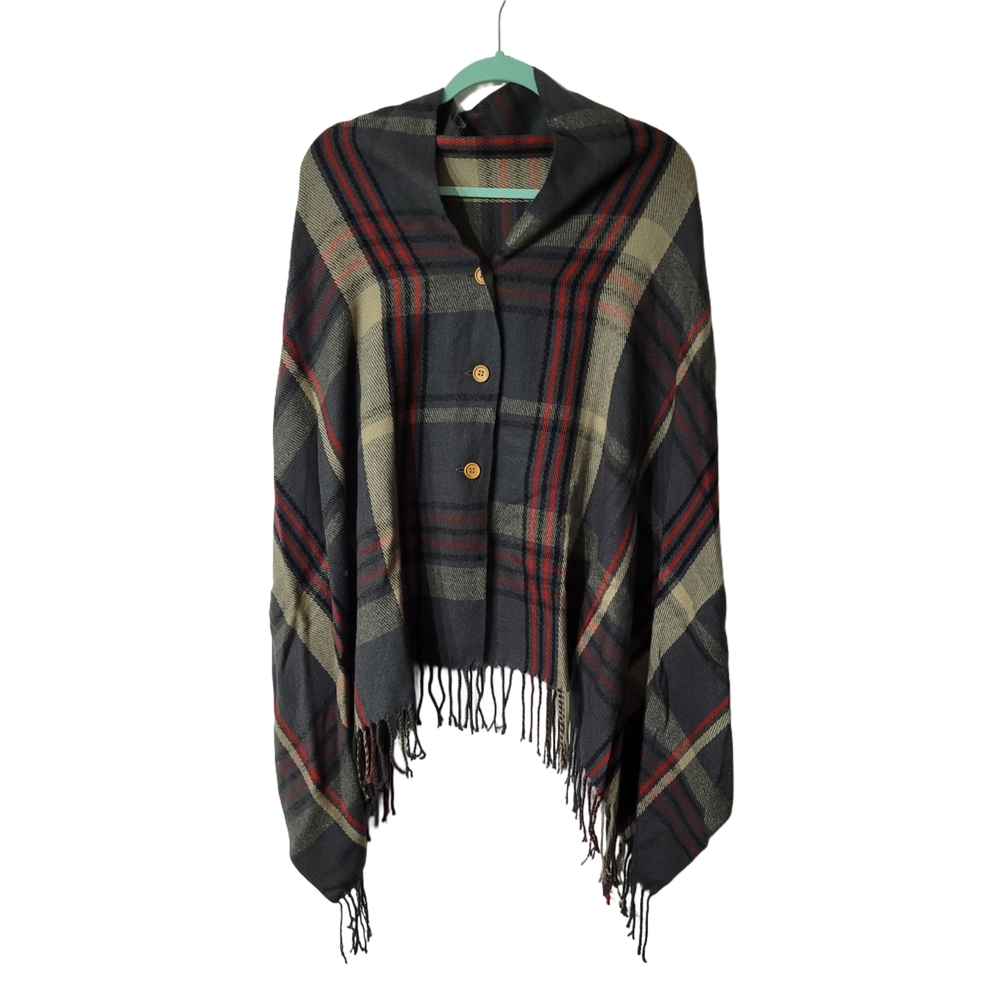Chic Plaid Poncho with Fringe and Tan Buttons One Size Fits Most